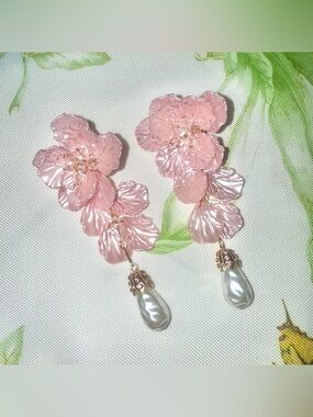 Pink Floral Statement Dangle Earrings with Pearl Drops